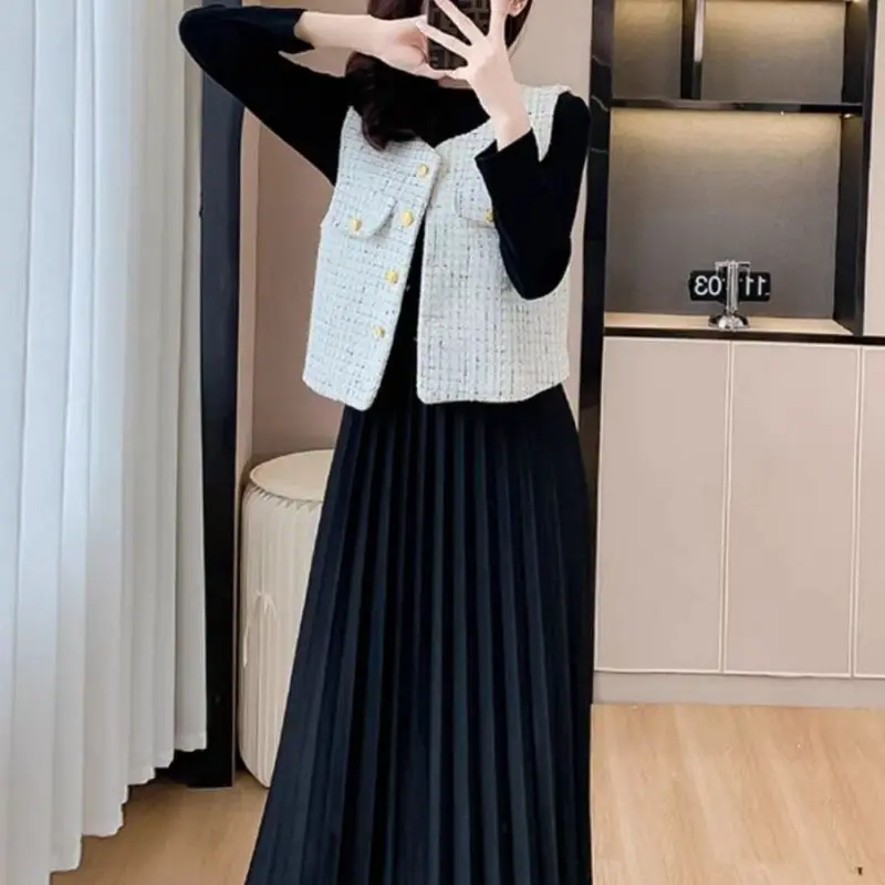 Women Autumn Winter Black Dress Vest Matching Set Korean Office Lady Graceful Tweed Tank Coat Knit Patchwork Dresses Outfit 2023