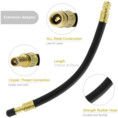 Imagen 2 del producto Extensión de válvula de neumático de 8,25 pulgadas con adaptador de extensión de válvula de neumático de latón de 90 grados Compatible con camión, motocicleta, bicicleta y Scoot