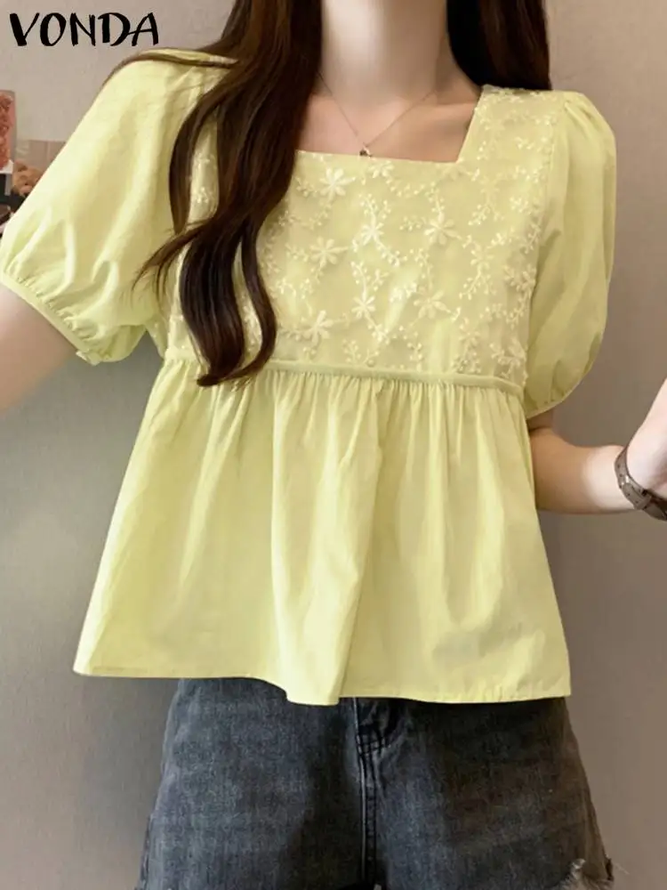 VONDA Women Short Sleeve Tops Elegant Blouse 2024 Fashion Square Neck Shirts Summer Office OL Blusas Femininas Bohemian Blouse