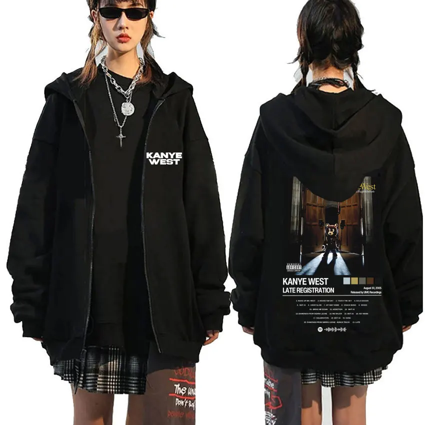 

Rapper Kanye West Late Registration Album Print Zipper Hoodie Men Women Hip Hop Fashion Zip Up Jacket Male Oversized Sweatshirt