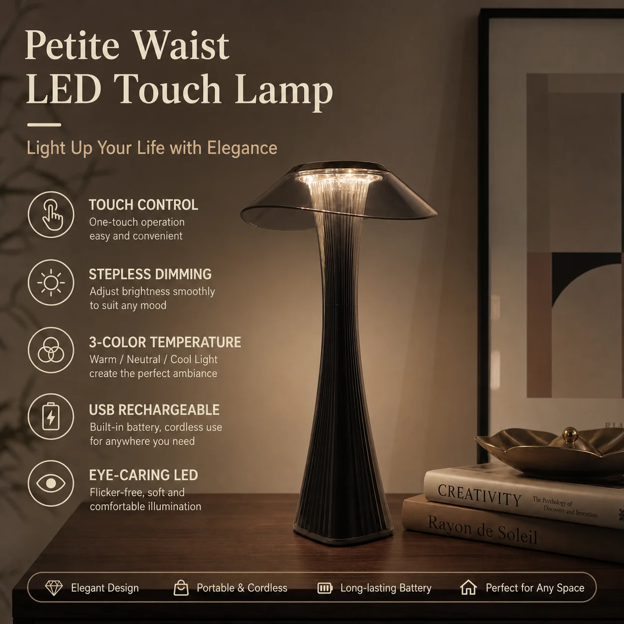 WWPPU Petite Waist LED Table Lamp Stepless Dimming Touch Control USB Rechargeable Desk Light Modern Bedside Coffee Bar Lamp