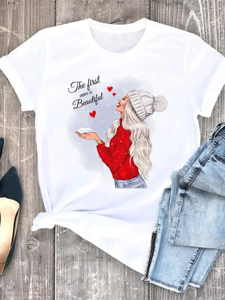 

Happy New Year Female Women Clothes Print Watercolor Winter O-neck Christmas Lady Casual Fashion Shirt Tee Graphic T-shirt