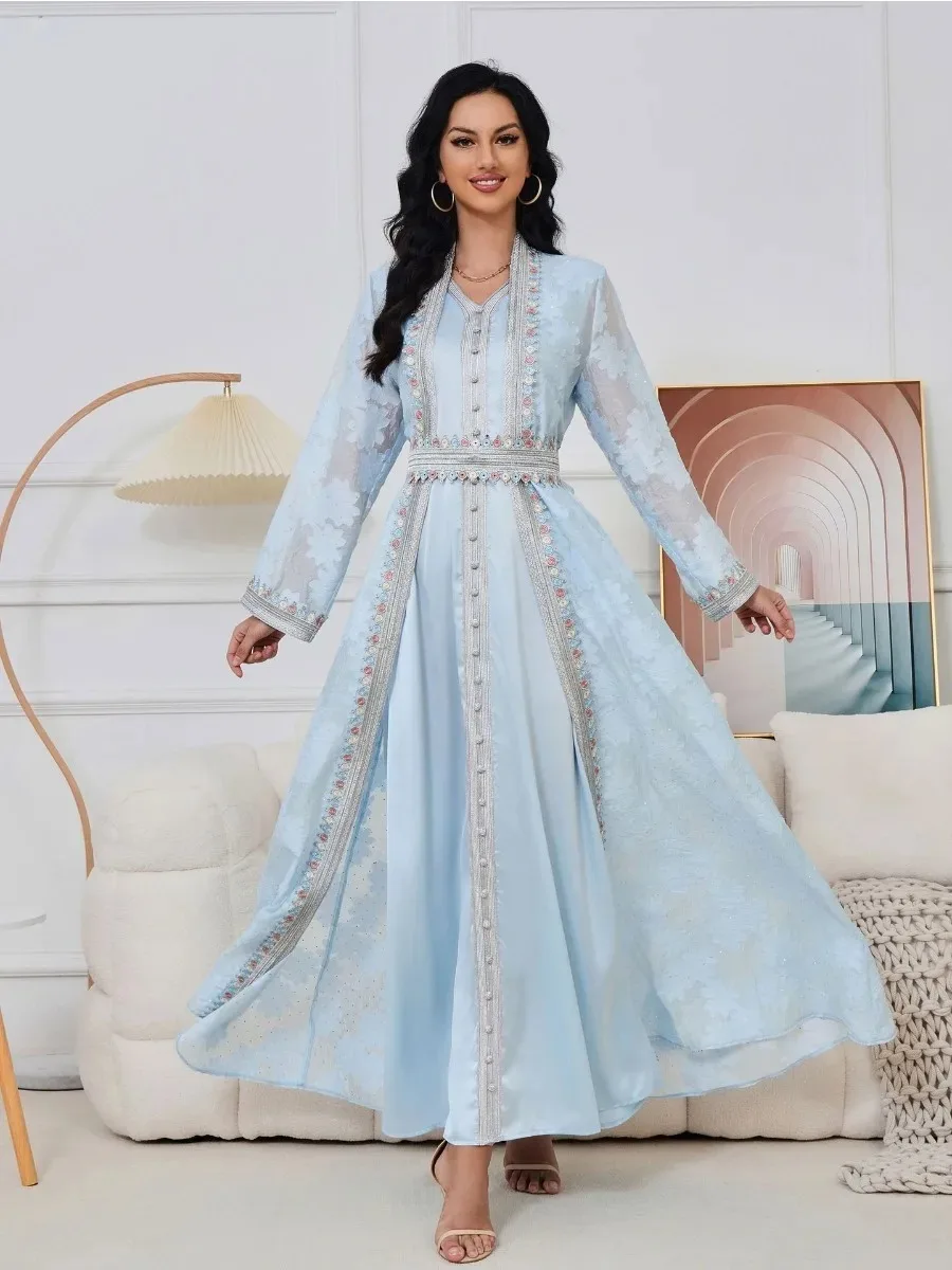 

Eid Turkey Muslim Dress Abaya Women 2 Piece Set Morocco Party Dresses Belt Embroidery Kaftan Vestidos Maxi Abayas Muslim Sets