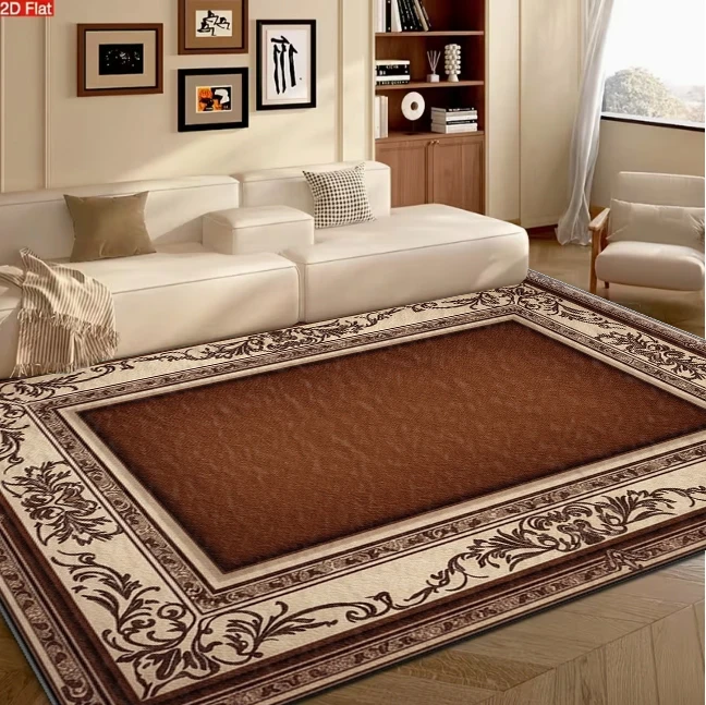 Vintage Ornate Scroll Frame Area Rug Brown Beige Classic Border Non‑Slip Carpet Floor Mat for Living Room Bedroom Home Decor