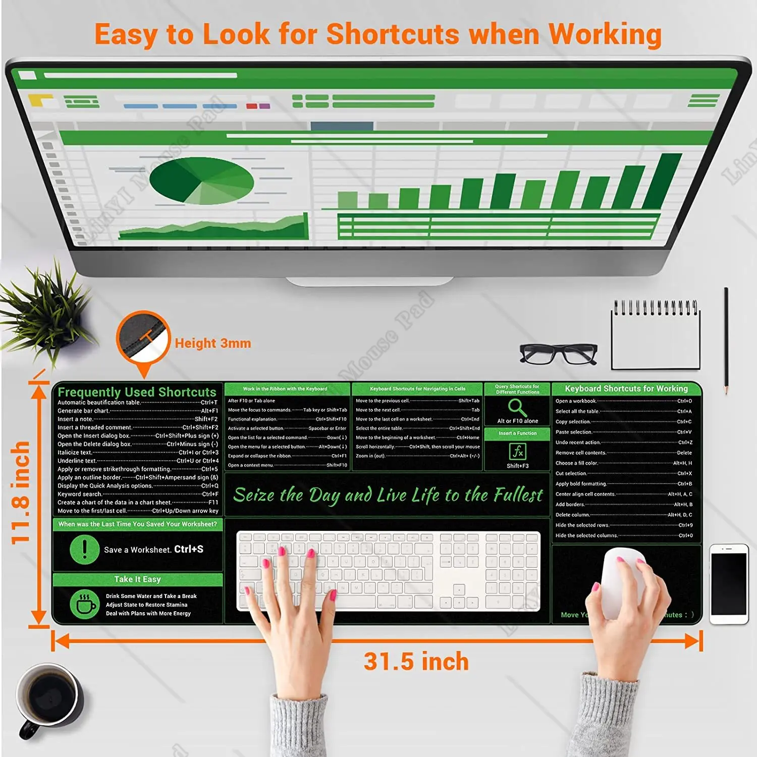 Large Excel Shortcut Mouse Pad Extended Mouse Pad with Stitched Edges Non-Slip Base Keyboard Mats for Desk, 31.5x11.8
