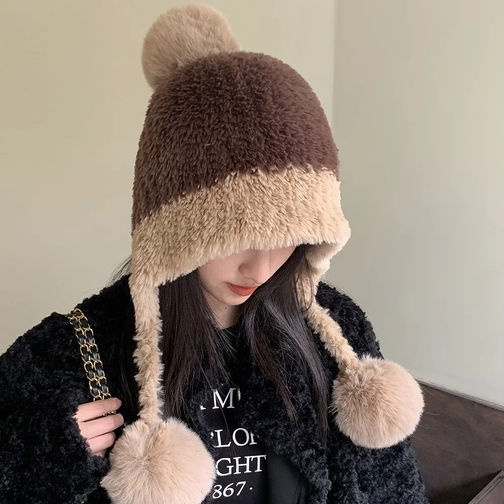 

Fashion Windproof Knitted Plush Hat Coldproof Keep Warm Ear Protection Hat Thickened Pompoms Hat for Women Girls