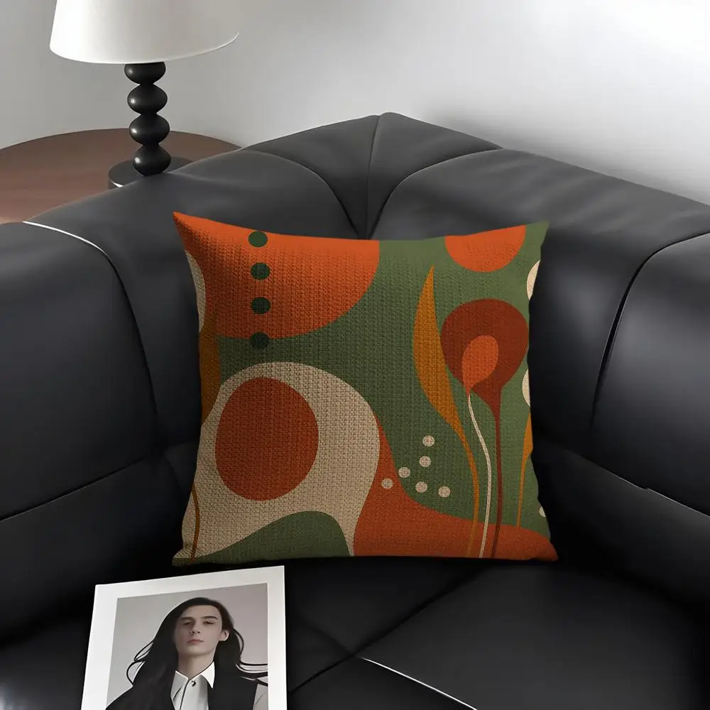 Abstract Orange Green Leaf Cushion Cover Natural Linen Organic Fabric Double-Sided Printing Breathable Perfect Gift For Decor