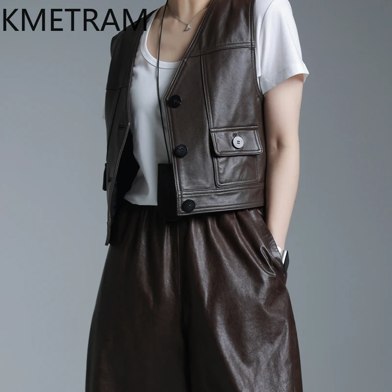 KMETRAM Chaleco de piel de oveja Natural, chaqueta de cuero informal a la moda para mujer, ropa de abrigo corta de otoño 2025, nouveaux prendas de vestir exteriores