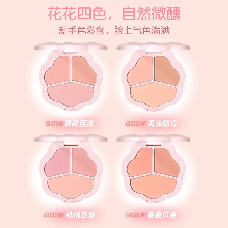 GOGO TALES Paleta de rubor de 3 colores, color rojo mate, color de expansión y contracción, rosa nude natural, curtido solar, color duradero