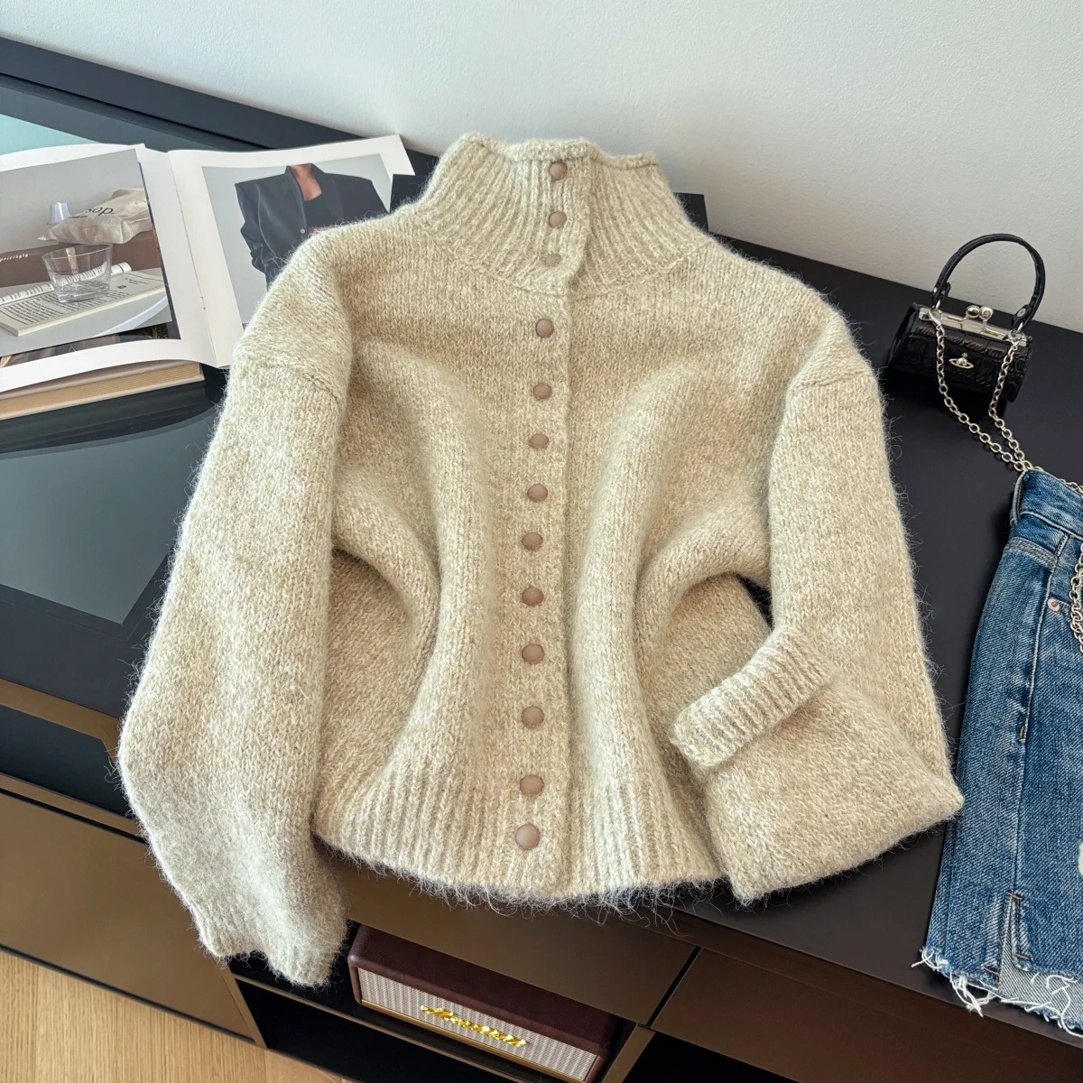 

Женский абрикосовый кардиган-свитер 2000-х годов, винтажный джемпер в корейском стиле, вязаная водолазка с длинными рукавами, кашемировый свитер для женщин, зима