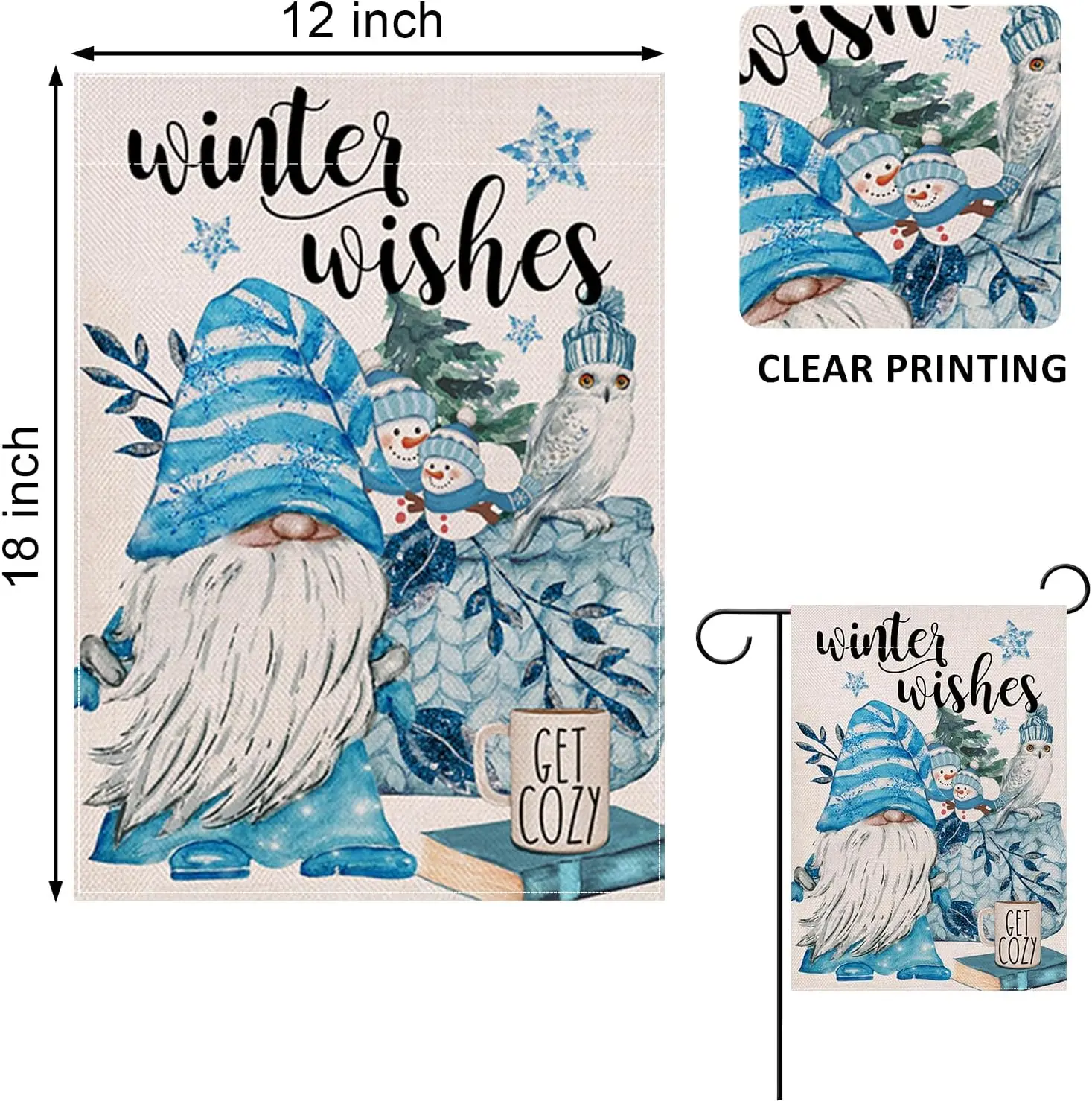 Home Decorative Winter Wishes Gnome Garden Flag, House Yard Owl Snowman Coffee Book Stars Pine Trees Outside Blue Decoration, Ch