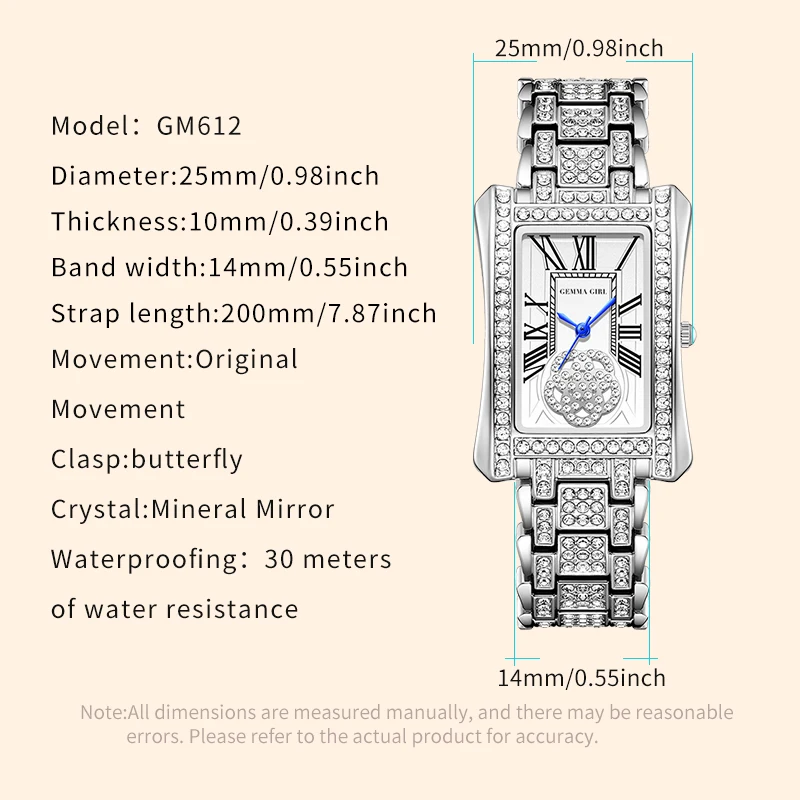 Women's Quartz Watch Classic GEMMA GIRL Zircon Roman Dial Rectangle Wristwatch Ladies Simple Clock Girlfriend Gift Reloj Mujer