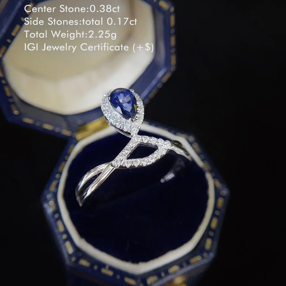 Delicate Pear Lab Grown Sapphire Ring Accented by Round Lab Diamond Ring 18K White Gold Crown Shaped Ring Women's Jewelry