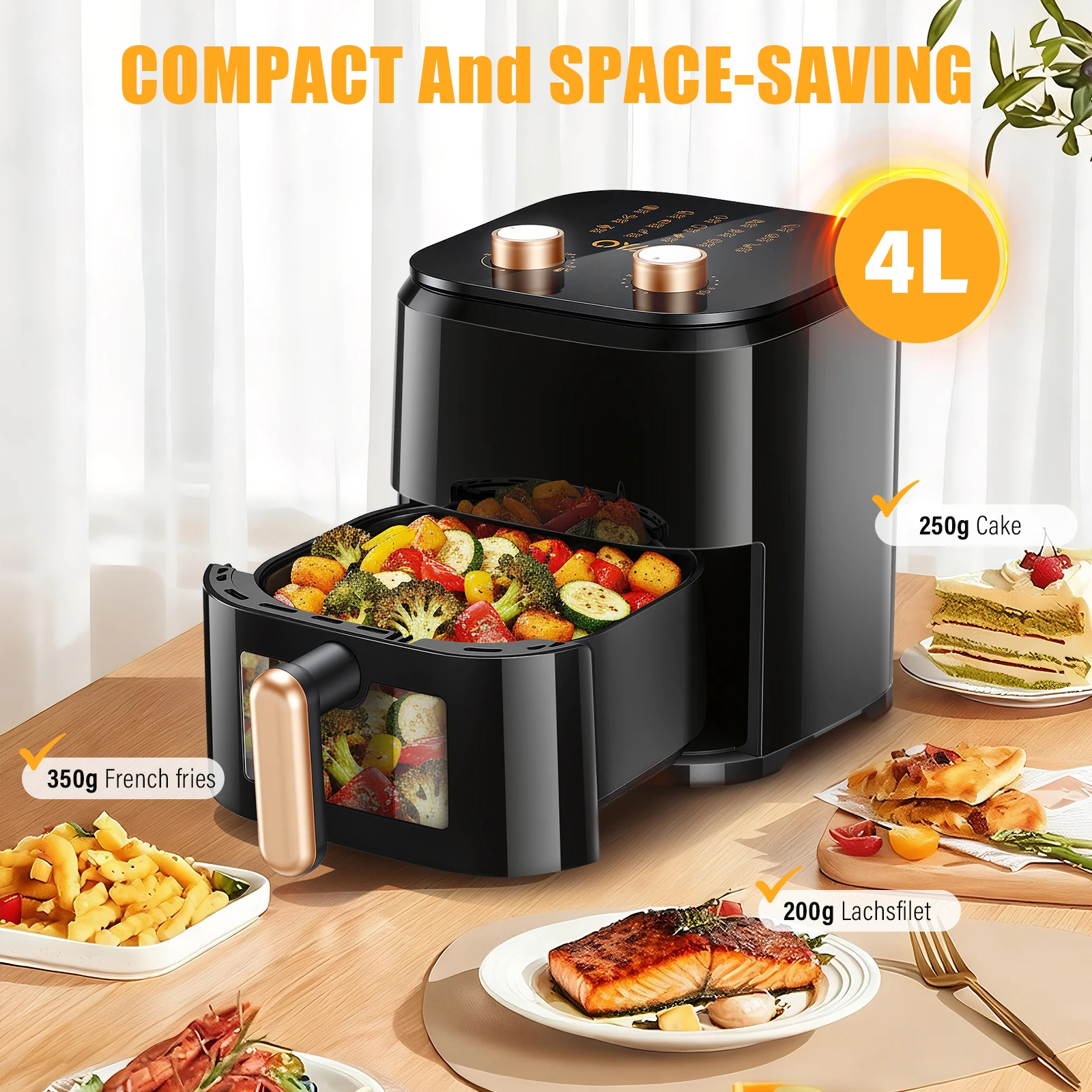 Freidora de aire 4L XXL, horno freidora 1200W 80-200 ° C Con Control de Perilla Temporizador 0~60min 360 ° Material de acero inoxidable