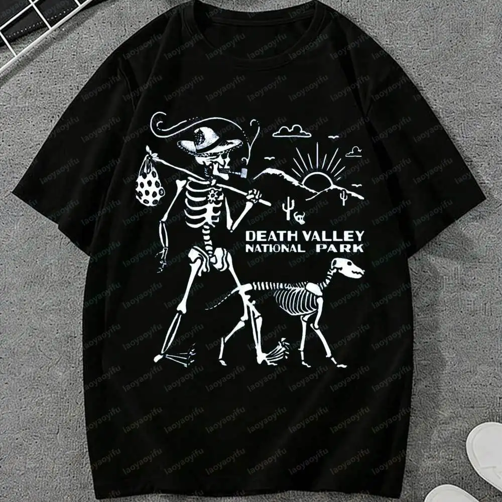 Funny Death Valley National Park T-Shirt Skeleton Dog Western Desert Graphic Retro National Park Hiking Shirt Casual Cotton Top