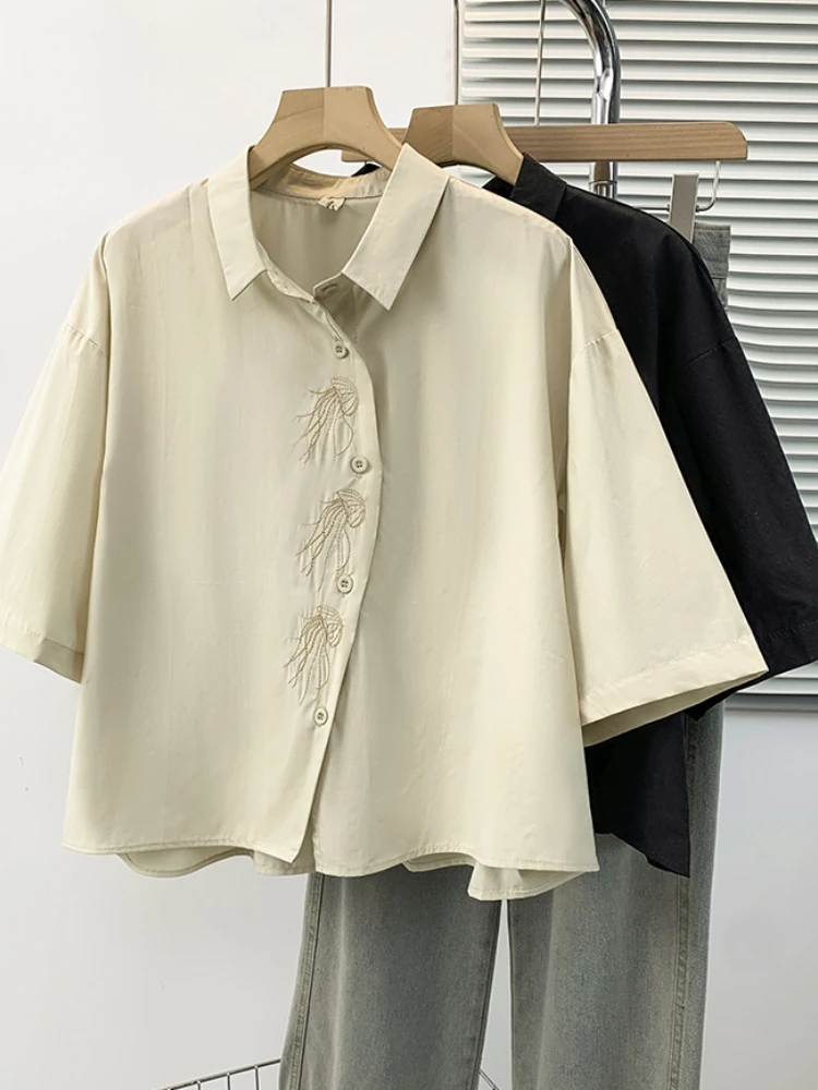 

Heavy Embroidery Short Sleeve Shirt Women's Summer plus Size Slimming Design Short Top Age-Defying Korean Style Loose Fit Blouse