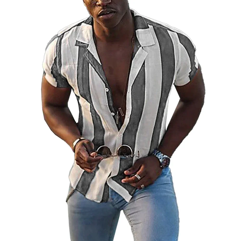 Male Men\'s Shirt Retro Short Sleeve Striped Summer Bowling Shirt Button Down Button Down Shirts Comfy Fashion