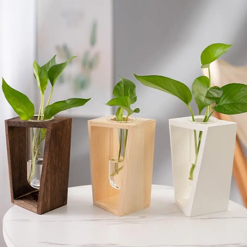 Minimalist Test Tube Wood Hydroponic Green Planter Holder Transprent Glass Vase Plant Holder Flower Stand Plant For Home Decor