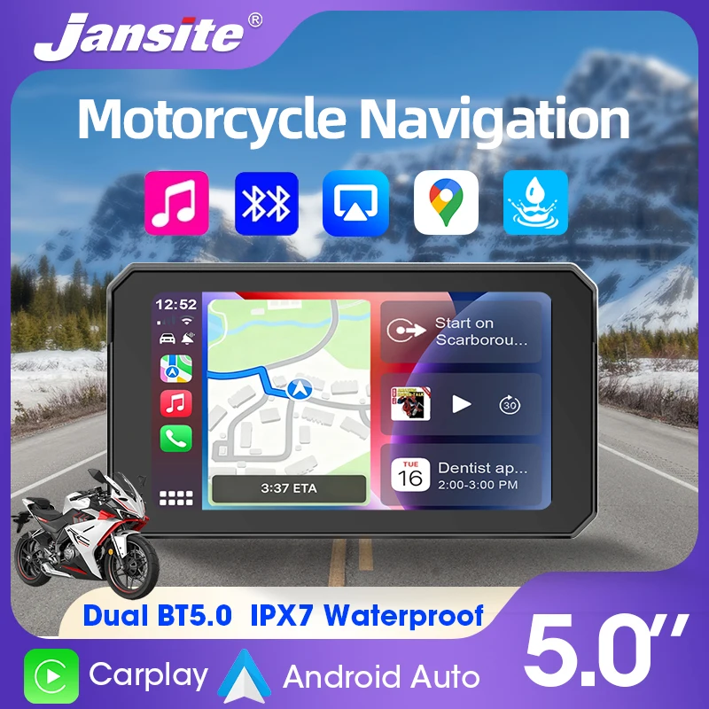 Jansite 5'' inch Motorcycle Carplay Navigation GPS Android Auto Motor IPS Screen IP67 Easy to Install Universal