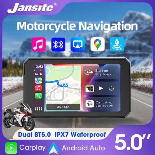 Jansite 5 ''pulgadas motocicleta Carplay navegación GPS Android Auto Motor IPS pantalla IP67 fácil de instalar Universal
