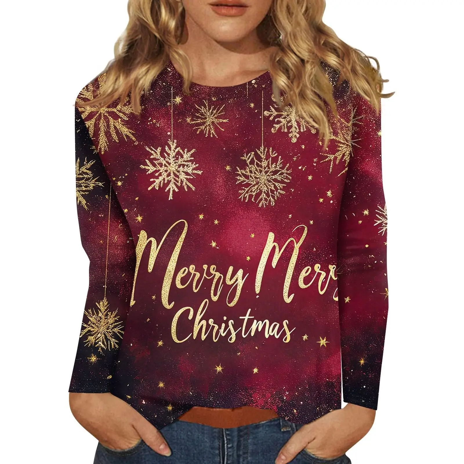 Women\'s Sweatshirt Designer Christmas Tree Round Neck Long Sleeve Loose Fashion Casual Christmas Fun Pattern Print Top