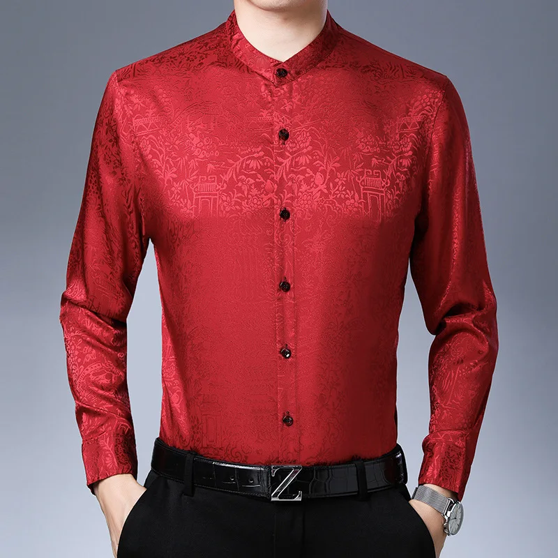 

Fashion Men Luxury Dress Red Shirt For Party Long Sleeve Prom Banquet Tuxedo Shirt Men Slim Fit Stylish Nightclub Chemise Hombre