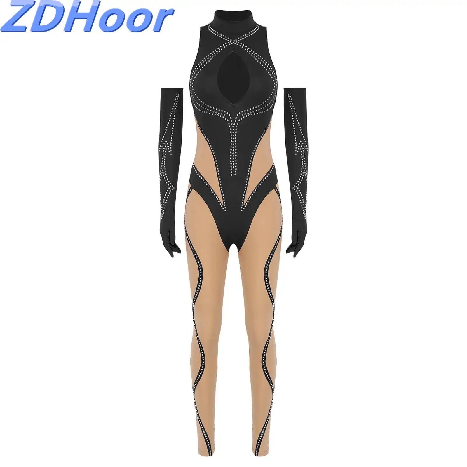 

Womens Glittery Gymnastics Jumpsuit And Full-finger Long Gloves Sleeveless Slim Rompers Bodysuit for Yoga Figure Skating