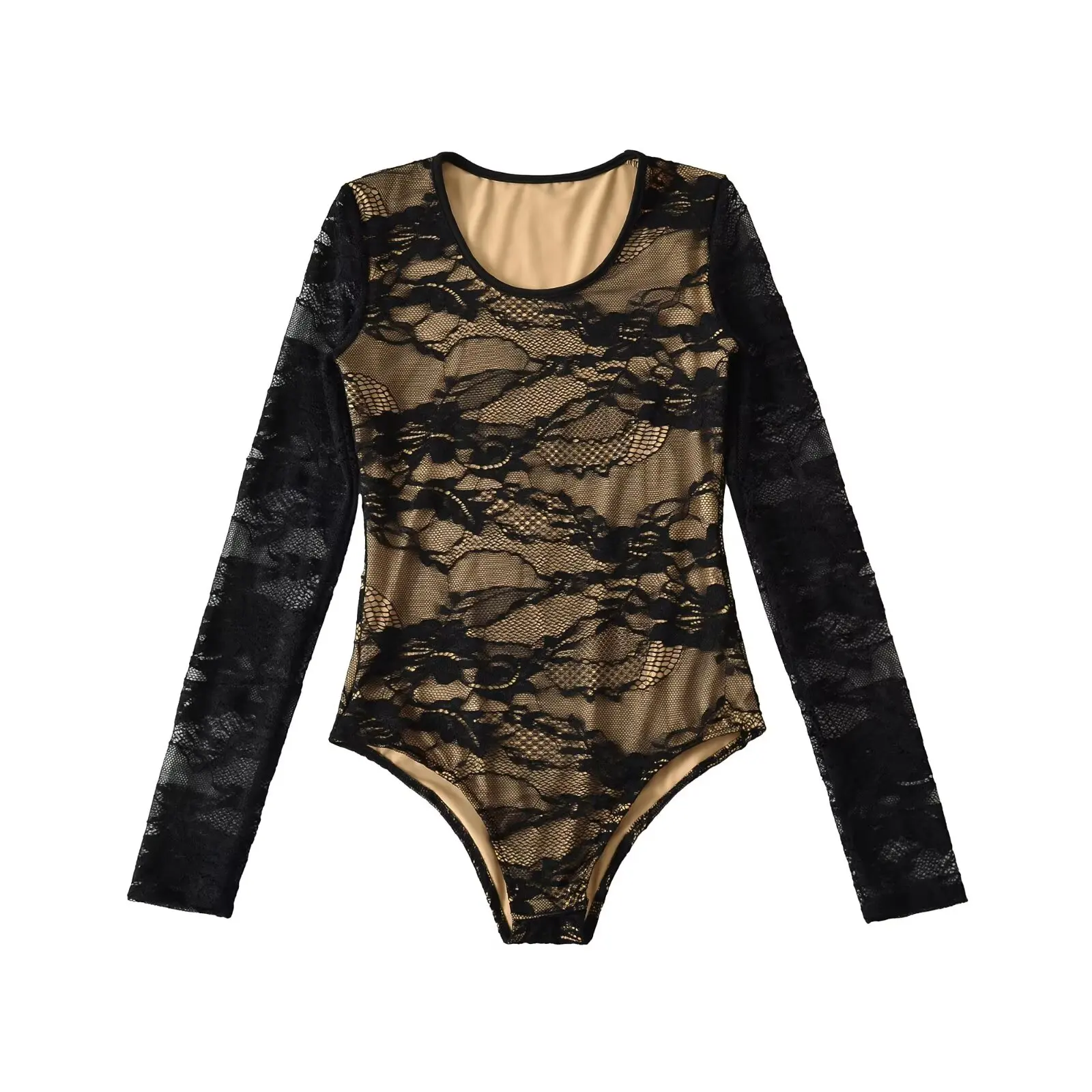 Sexy Lace Double Layer Long Sve Onesie Women's High Waist Slimming Top Hot Girl Base irt Autumn Commute Straight Leg o...