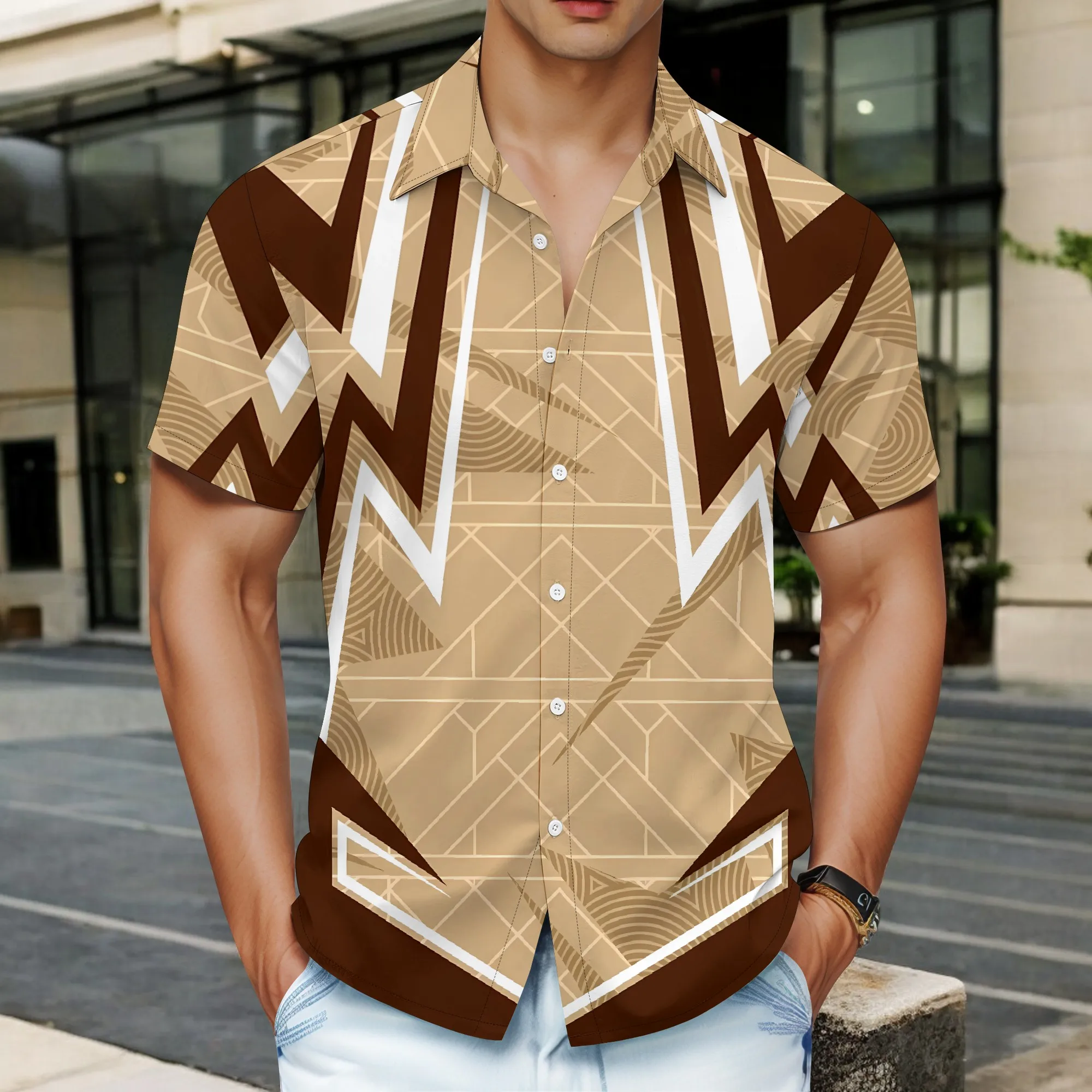 

YEAE Geometric Zigzag Pattern Shirt for Men Summer Casual Short Sleeve Top