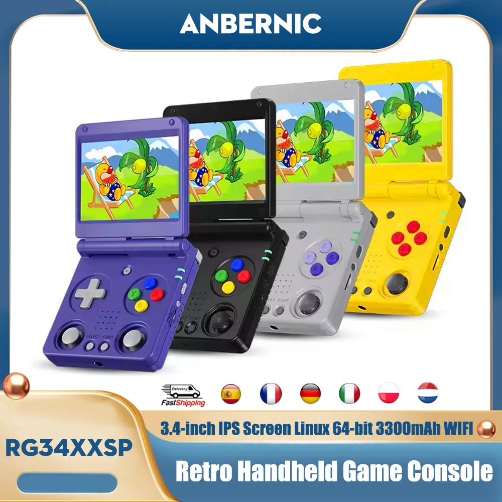 Anbernic RG34XXSP Console de jeu portable à rabat écran IPS de 3,4 pouces Linux 64 bits 3300 mAh WIFI lecteur de jeu vidéo rétro pliable
