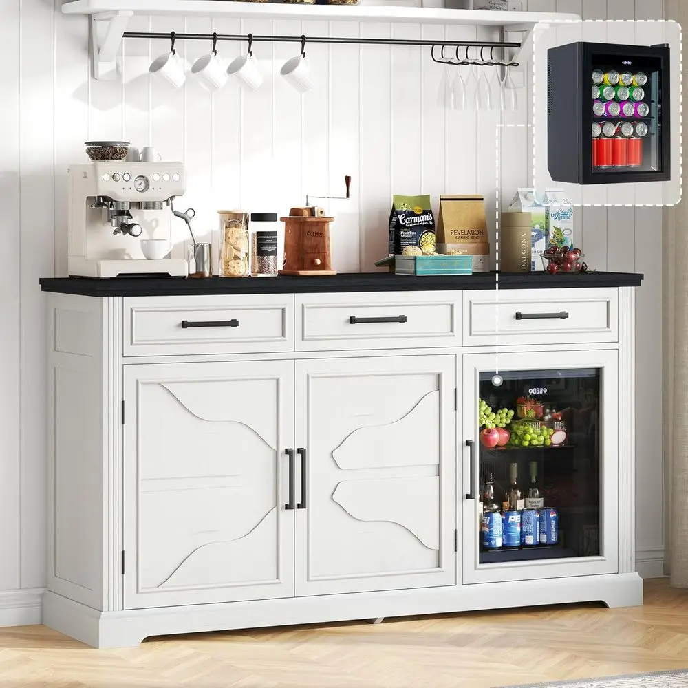 

60 Coffee and Beverage Bar Cabinet with Drawer Storage, Mini Fridge, for Dining or Living Room - White