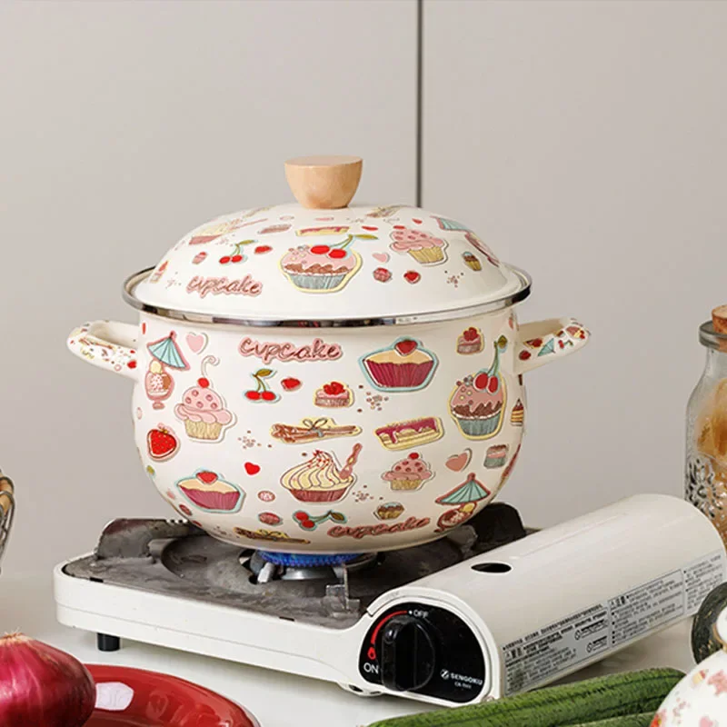Enamel Soup Pot with Lid Double Handled 5.5L Large Capacity Deepening High Stew Pot Cute Dessert Pattern Kitchen Cookware