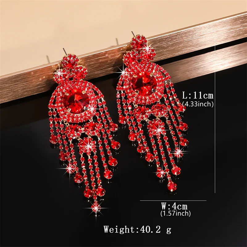 FYUAN Fashion Red Green Silver Color Crystal Earrings for Women Long Tassel Earring Party Weddings Jewelry