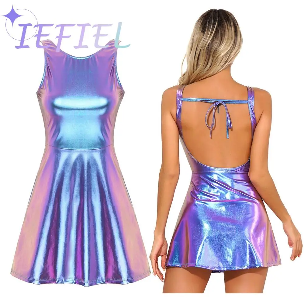 Hot Girl Metallic Shiny Backless Cocktail Party A-line Mini Dresses High Waist Club Party Disco Holographic Jazz Dance Costume