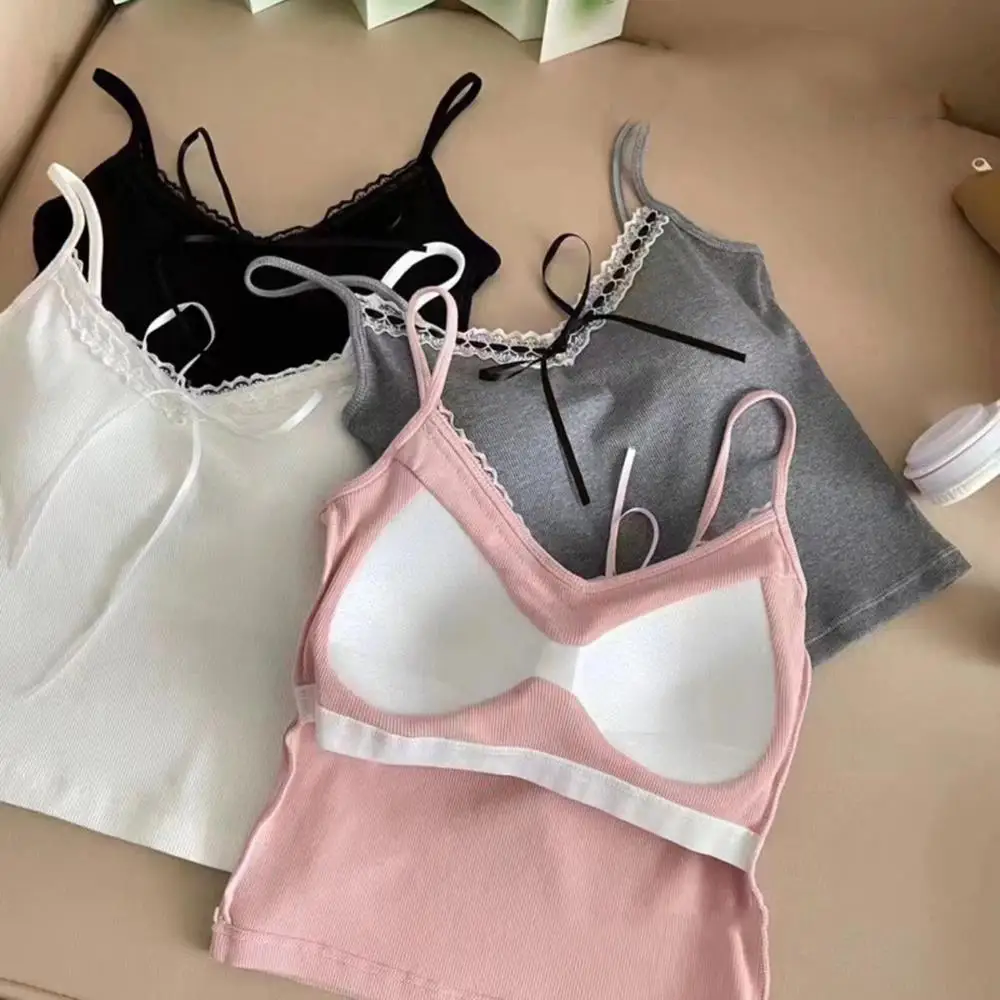 

Korean Lace Trim Tank Top Aesthetic White Bow Mini Vest Ribbed Basic Tee Tops Y2K Spicy Girls Camisole Backless Beach tank Tops