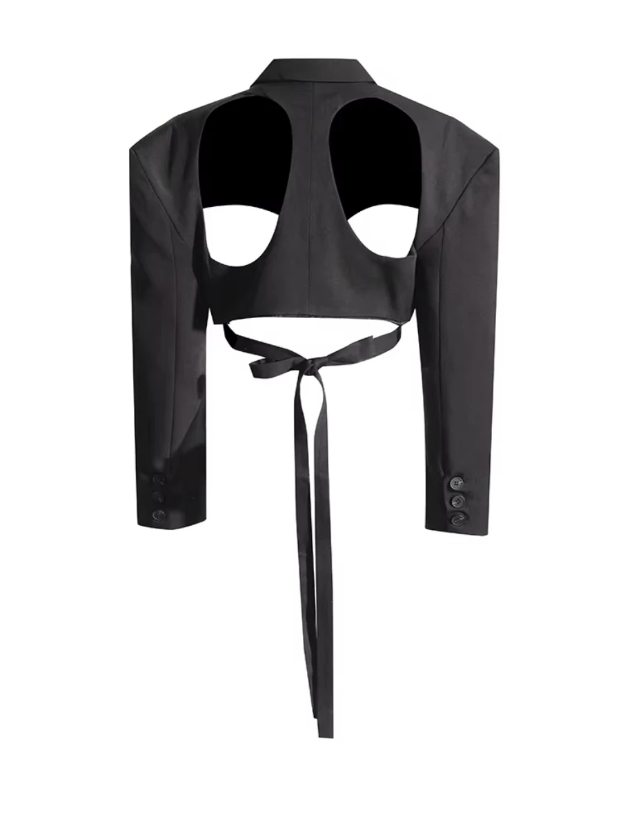 سترة قصيرة مصممة بفتحات مثيرة من CHICEVER للنساء بياقة مدببة وأكمام طويلة معطف برباط علوي ملابس عصرية للسيدات