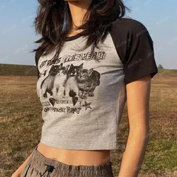 Vintage Crop Tops Women Y2K Style Cute Cat Aesthetic splice Gray Baby Tee Streetwear Goth Harajuku Slim Cropped T-shirt Sexy Tee