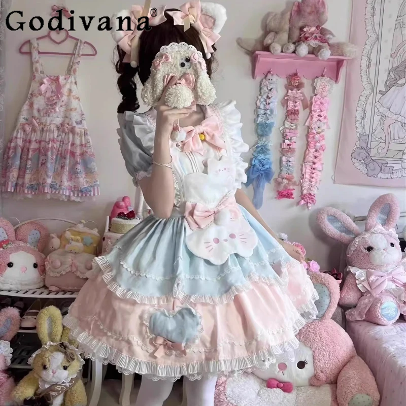 

Original Cute Girl's Sweet Lolita Dress OP Autumn New Women's Kawaii Cartoon Print Long Sleeve Dress Apron Set Cos Maid Outfit