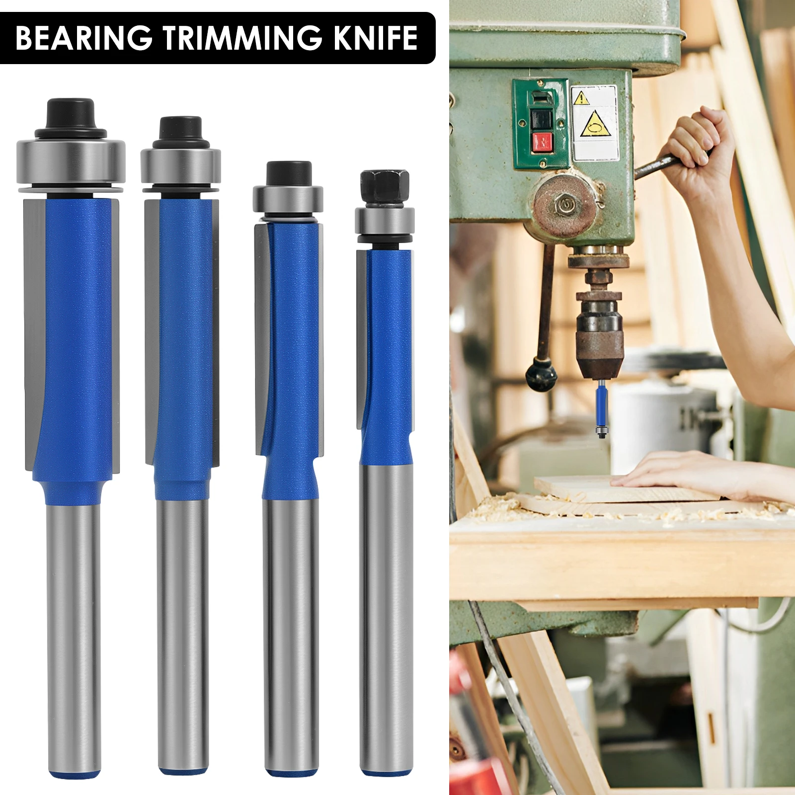 

4Pcs Top Bearing Flush Trim Router Bit Set 1/4inch Shank Carbide Tipped Flush Cut Router Bit Wood Trimming Cutter for Trimming