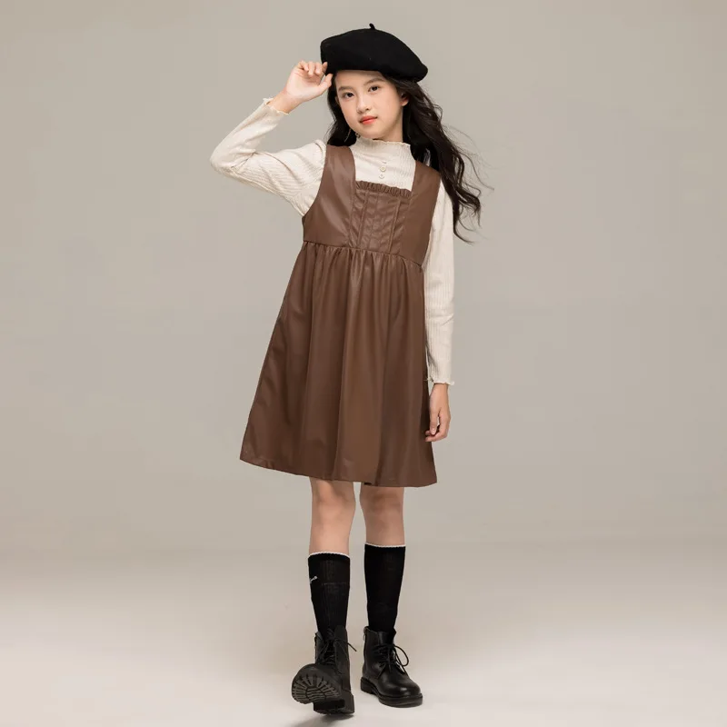 

Children Girls Autumn Long Sleeves Dress Sets Round Neck T-shirt+Leather Dress Kids Girls Dress Sets Fashion Baby Girls Dress