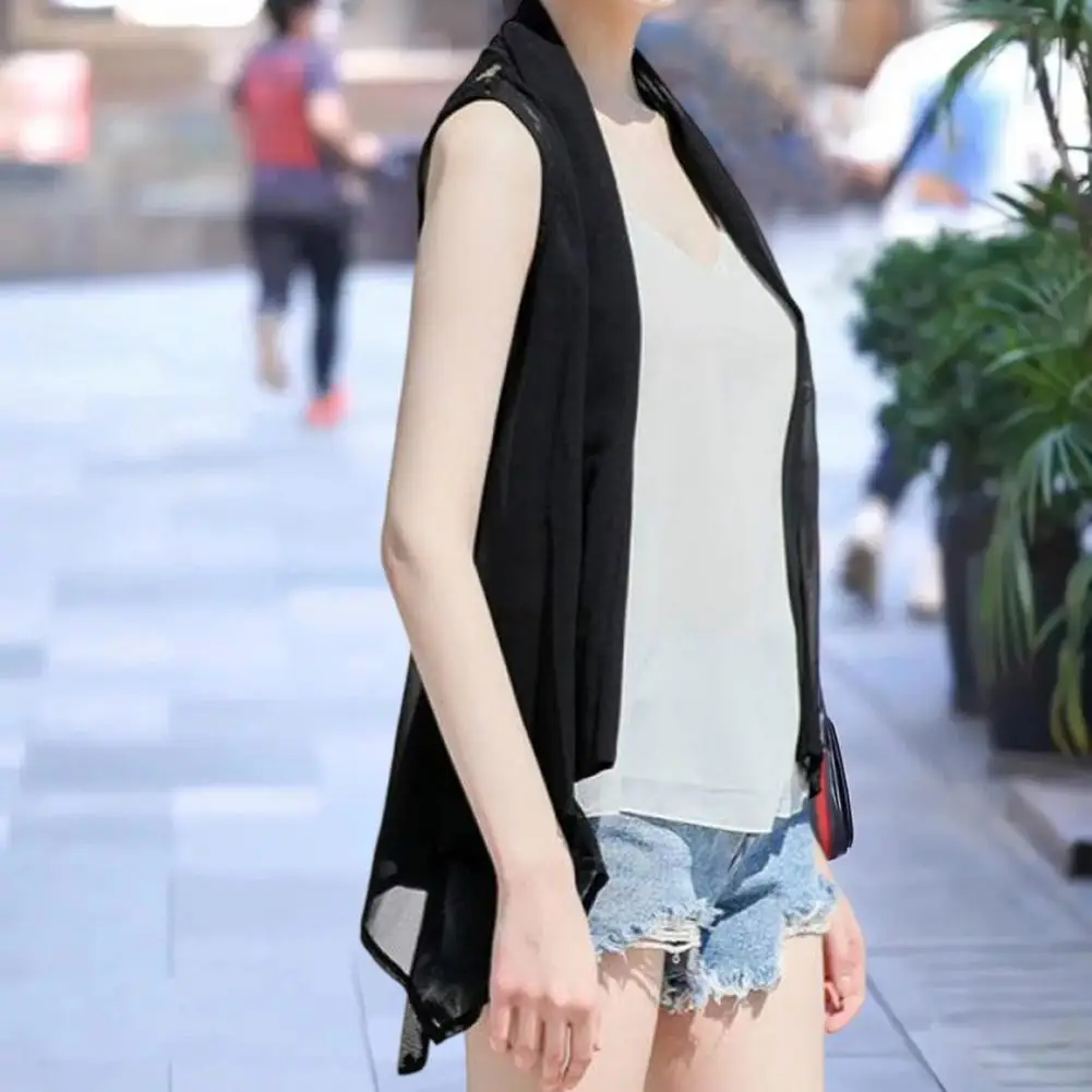 Women Chiffon Coat Back Embroidery Lace Floral Chiffon Vest Top Scarf Collar Sleeveless Irregular Draped Hem Lace-up Vest Jacket