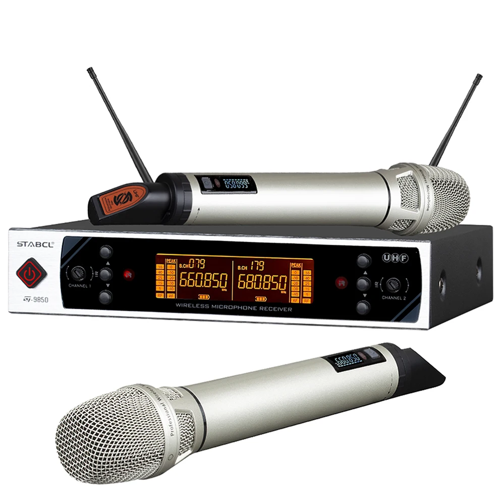 

ST-9850 UHF wireless microphone, professional dual handheld, very suitable for karaoke, church, wedding, event