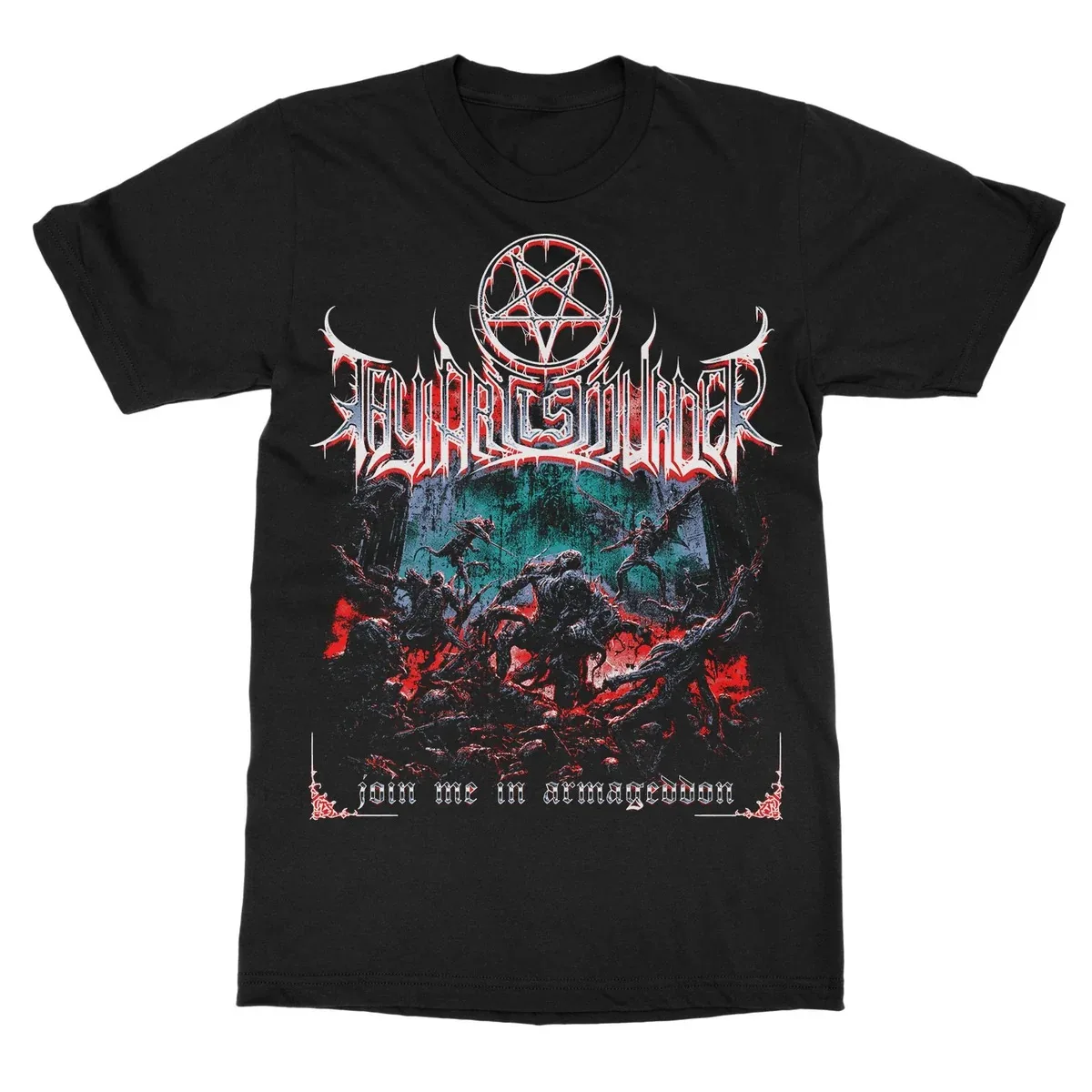 Thy Art Is Murder Join Me in Armageddon Print T Shirt, Hell Demon Battle Apocalyptic Scene Graphic