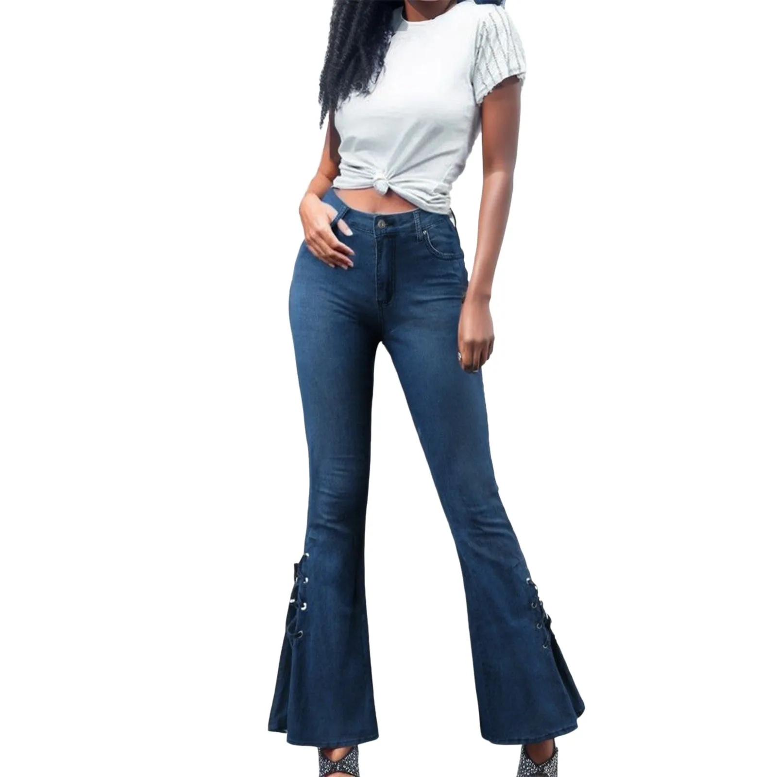 Mid Waist Stretch Flare Jeans Women Denim Pants Wide Leg Butt-lifted Casual Korean Style Skinny Bell Bottom Pocket Trousers