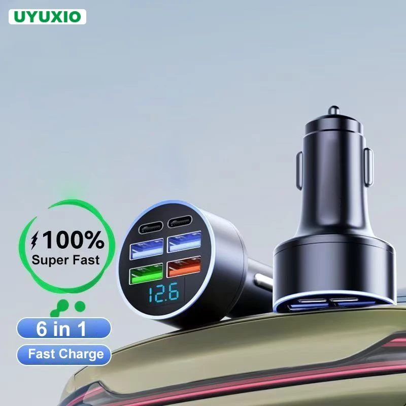

UYUXIO Multi Port USB C Car Charger with Voltage Display 6 in 1 Super Fast Charging Adapter for Huawei iPhone 16 15 Pro Max