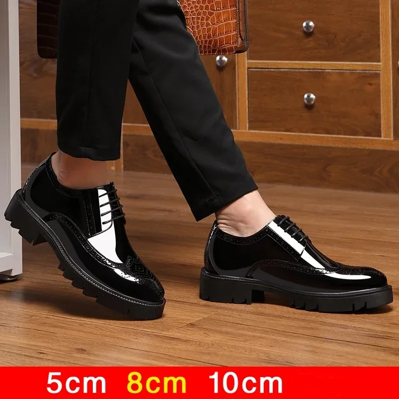 Luxury Men Brogues Patent Leather Elevator Shoes Man Height Increase Insole 8cm/10cm Black Formal Business Wedding Men Shoes New