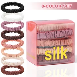 8 stks/set 100% Pure Moerbei Zijde Haar Scrunchies 1 Doos Skinny Scrunchies Paardenstaart Houders Haarverzorging Accessoires Zijden Haarbanden