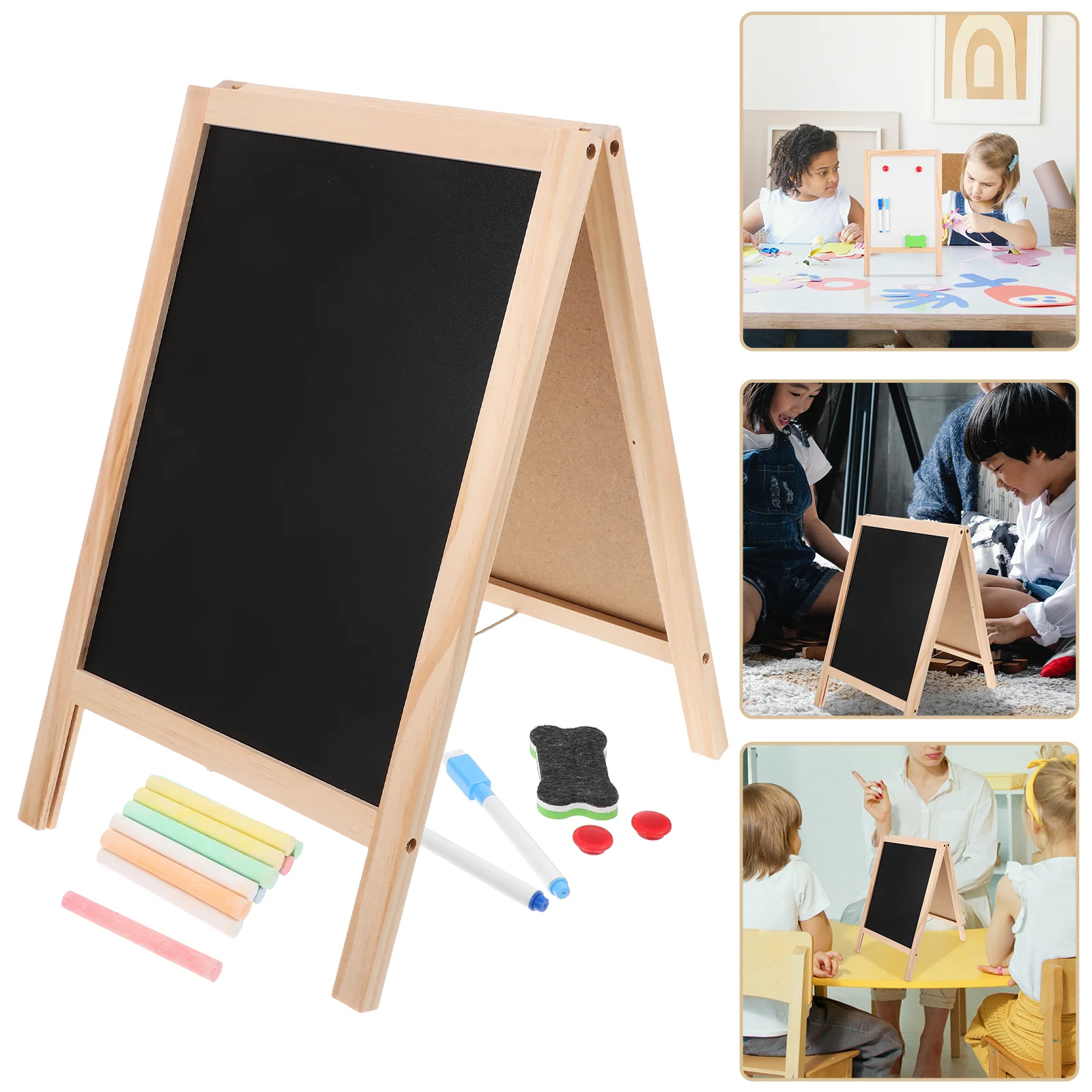 Mini Wooden Message Board Student White Chalk Kids Tabletop Easel for Painting Writing Pad