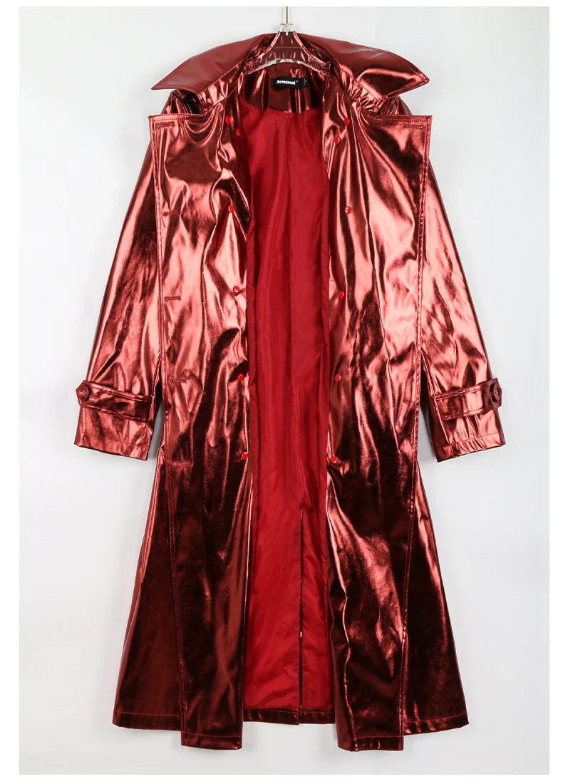 Nerazzurri Spring Autumn Long Shiny Reflective Patent Leather Trench Coat for Women Sashes Double Breasted European Fashion 2022