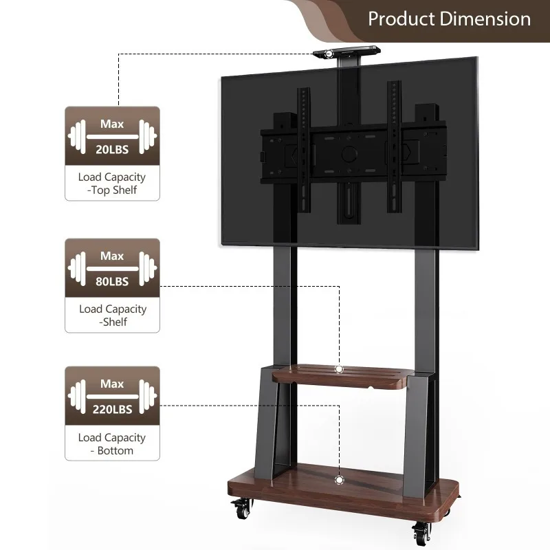 

Мобильная подставка для телевизора на колесах для экранов 32-75 дюймов, регулируемая по высоте, с деревянной полкой, VESA 600x400 мм